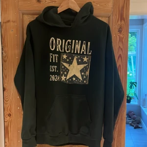Grön hoodie Gildan med stjärntryck - Grön hoodie köpt från hemsidan scndi märket gildan med stor vit stjärna och texten 'ORIGINAL FIT EST. 2024' framtill. Klassisk känguruficka, huva och långa ärmar. Använd endast fåtal gånger.
