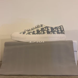  Monogram sneakers i vitt och blått - Snygga  Oblique sneakers med vit sula och blått/vitt monogrammönster. Skorna har snörning, rund tå och tydlig Christian -logga på plösen. Tillverkade i canvas med detaljer i skinn och gummisula. Perfekta för dig som vill sticka ut med lyxig streetstyle.