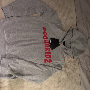 Grå DSQUARED2 hoodie med röd logga - Snygg grå hoodie från DSQUARED2 med röd logga över bröstet. Klassisk huva och långa ärmar, tillverkad i mjuk bomull. Perfekt för dig som vill ha en stilren och trendig look med streetkänsla.