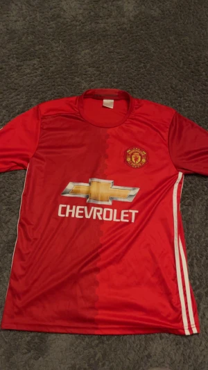 Manchester United Ibrahimovic #9 tröja - Röd Manchester United fotbollströja med Zlatan Ibrahimovic och nummer 9 på ryggen. Officiell Premier League patch på ärmen, Chevrolet-logga på bröstet och klubbmärke. Kortärmad, tillverkad i polyester med vita detaljer längs sidorna. Den är lite sliten pga, mycke användning.