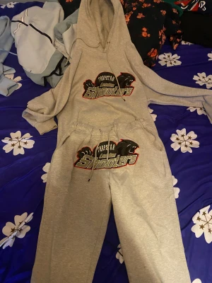 Grå Trapstar Shooters dress - Säljer en grå dress från Trapstar med fet 'Shooters' print och svart pantermotiv på bröstet. Hoodien har snörning i huvan och en avslappnad passform, perfekt för chill dagar. Materialet är mjuk bomull och polyesterblandning. Matcha med sweatpantsen för en komplett look.