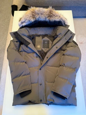 Grå Canada Goose dunjacka med päls - Säljer en grå dunjacka från Canada Goose med stor fluffig päls på huvan och snyggt svart märke på ärmen. Jackan har dragkedja och knappar framtill, quiltad design och är perfekt för kalla vinterdagar. Modellen är Fusion och har långärmade ärmar.