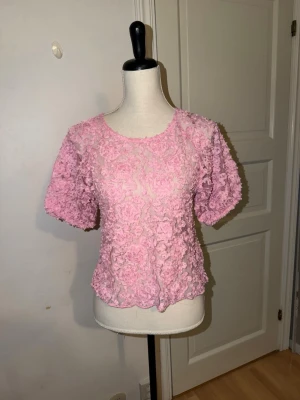 Rosa spetsblus från Visual Clothing Project - Supersöt rosa blus i spets från Visual Clothing Project . Blusen har korta ärmar och är täckt av 3D-blommiga detaljer som ger en unik look. Transparent mesh i grunden och rund halsringning. Perfekt för dig som vill sticka ut lite extra.