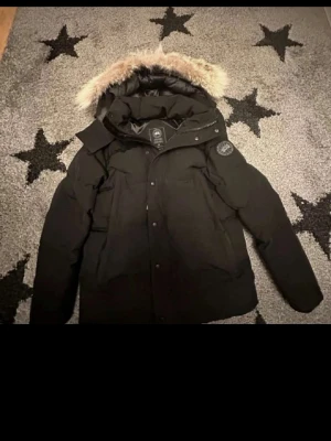 Canada Goose pufferjacka med päls - Säljer en Canada Goose pufferjacka med stor huva och fluffig pälsdetalj. Jackan har lång ärm, knappar och dragkedja framtill samt logotyp på ärmen. Finns i både svart och grått, perfekt för kalla vinterdagar.
