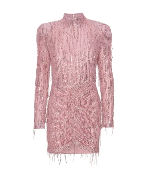 Rosa glittrig kortklänning med paljetter Rotate Birger christensen stl. 36 - Supersnygg rosa kortklänning med lång ärm och hög krage. Klänningen är täckt av glittriga paljetter i ett vågigt mönster och har en figurnära passform. Perfekt för dig som vill sticka ut och glänsa! Materialet känns lyxigt och skimrande.