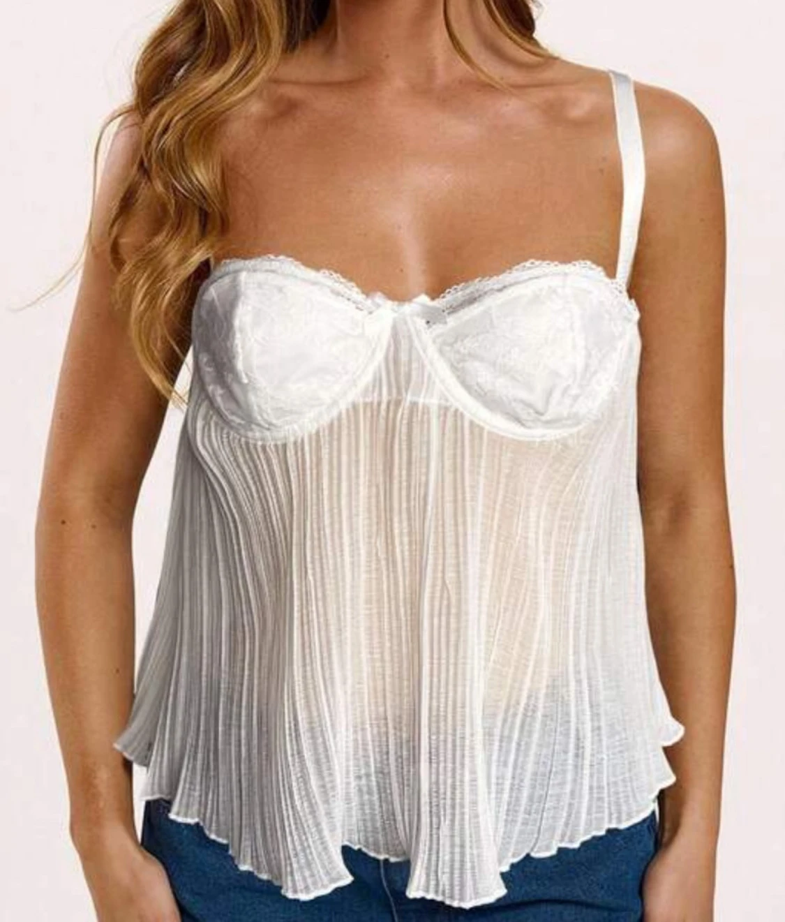 Vit plisserad korsett-topp med spets