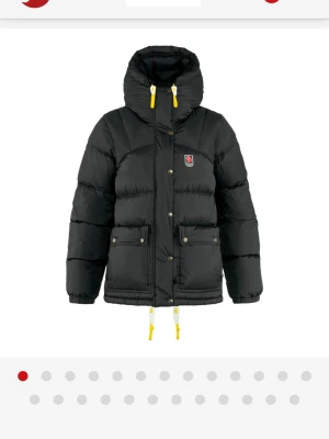 Svart pufferjacka från Fjällräven - Säljer en svart pufferjacka från Fjällräven med huva och gula snören. Jackan har två stora fickor med knappar framtill och ett snyggt Fjällräven-märke på bröstet. Perfekt för kalla dagar och har en cool, modern look. Har haft i 1 år inga skador på jackan bara lite smink fläckar vid luvan 