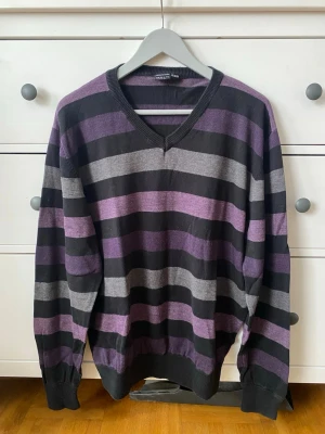 Randig lila och svart tröja från Skill - Snygg långärmad tröja från Skill med breda ränder i lila, svart och grått. Tröjan har v-ringad hals och ribbade muddar vid ärmslut och nederkant. Perfekt för dig som gillar en chill och stilren look med lite färg.