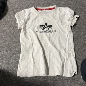 Vit Alpha Industries t-shirt med tryck - Vit t-shirt från Alpha Industries i storlek xs med klassiskt svart logotryck på bröstet. Rund hals och korta ärmar, tillverkad i mjuk bomull. 