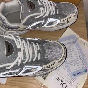 Dior B30 sneakers i grå och beige - Säljer ett par Dior B30 sneakers i grått, beige och vitt. Skorna har en modern chunky sula, meshpaneler och detaljer i syntet och skinn. Stora reflekterande Dior-loggor på sidorna och vita snören. Perfekta för dig som gillar lyxiga och trendiga sneakers. Helt nya priset kan diskuteras! Skriv gärna