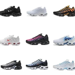 Nike Air Max Plus sneakers i olika färger - Nike Air Max Plus sneakers i flera färgkombinationer som svart, vit, orange, röd, blå och grå. Skorna har en sportig design med synliga luftbubblor i sulan, snörning och vågiga detaljer på ovandelen. Perfekta för dig som vill sticka ut med snygga och bekväma sneakers. alla storlekar 