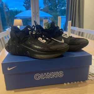 Nike Giannis Immortality 2 Svarta (Oanvända) - Säljer ett par svarta Nike Giannis Immortality 2 sneakers med cool vågig sula och mesh-överdel. Skorna har snörning, vit swoosh och detaljer i syntetmaterial. Perfekta för dig som gillar basketstil och vill sticka ut med en sportig look.