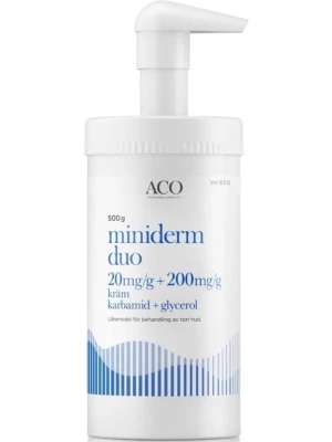 ACO Miniderm Duo kräm 500g - ACO Miniderm Duo är en vit pumpflaska med 500g kräm som innehåller karbamid och glycerol. Krämen är speciellt framtagen för att behandla torr hud och har en enkel, stilren design med blå text och vågmönster på etiketten.
