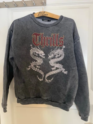 Grå sweatshirt med drakmotiv Boohoo - Cool grå sweatshirt från Boohoo med tryck av två vita drakar och texten 'Thrills' i rött och vitt framtill. Tröjan har rund hals, ribbade muddar och avslappnad passform. Perfekt för dig som gillar streetwear.
