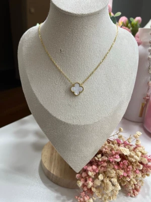 18k guldpläterad klöver halsband - Ett mycket fint halsband i rostfritt stål, pläterat med 18K guld, med en stilren klöver i vit 15 mm. Supertrendigt och perfekt för både vardag och fest.  Scrolla gärna vidare på sidan för att hitta matchande armband som kompletterar halsbandet perfekt.