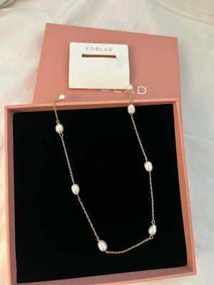 Guldfärgat halsband med pärlor Edblad - Stilrent halsband från Edblad med tunn guldfärgad kedja och oregelbundna vita pärlor längs hela kedjan. Levereras i original ask och är aldrig använd.