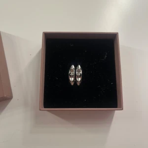 Silvriga örhängen med nitar - Säljer ett par coola silvriga örhängen med nitdetaljer. De har en avlång form och en modern, edgy vibe som verkligen sticker ut. Perfekta för dig som vill ha något unikt och trendigt i smyckeskrinet. Helt oanvända fick de i tidig julklapp!