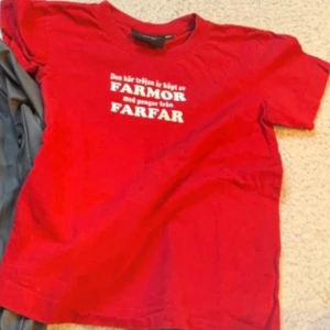 Röd t-shirt med rolig text South West - Röd t-shirt från South West med vit tryckt text på bröstet: 'Den här tröjan är köpt av farmor med pengar från farfar'. Klassisk rund hals och korta ärmar. Perfekt för barn som gillar humor och vill sticka ut lite extra. Knappt använd! 