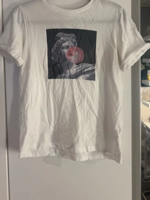 Vit t-shirt med konstnärligt tryck - Vit t-shirt i bomull med ett konstnärligt tryck framtill som föreställer en staty och ett rosa tuggummi på svart bakgrund. Klassisk rund hals och korta ärmar. Perfekt för dig som gillar stilrena plagg med en twist.