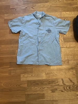 Blå Detroit skjorta med tryck - Ljusblå skjorta med korta ärmar och tryck på både bröstet och ryggen. På ryggen står det 'Detroit' med en blixtdesign. Skjortan har knappar framtill och klassisk krage. Perfekt för en avslappnad streetwear-look.