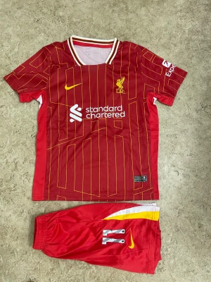 Liverpool Salah #11 fotbollströja Nike - Liverpool hemmatröja med M. Salah och nummer 11 på ryggen. Röd med gula och vita detaljer, tunna gula ränder och klubbmärke på bröstet. Tillverkad i lätt och ventilerande material, perfekt för match eller träning. Säljes tillsammans med matchande shorts.