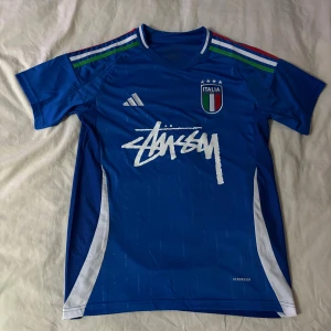 Blå Italien Stüssy x Adidas t-shirt - Blå t-shirt från Adidas och Stüssy med Italiens landslagsmärke på bröstet, vita och gröna detaljer på axlarna och stor Stüssy-logga framtill. Tillverkad i lätt polyester med korta ärmar och sportig passform. Perfekt för dig som gillar streetwear och fotboll.