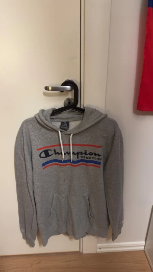 Grå hoodie  - Snygg grå hoodie från Champion i storlek Large. Framsidan har ett stort Champion-tryck med röda och blå detaljer. Klassisk huva med vita snören och en stor magficka. Mjuk bomullsblandning som är skön att ha på sig.