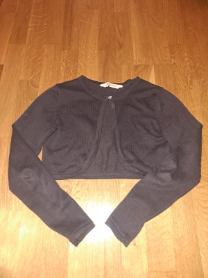 Svart bolerotopp från H&M - Säljer en mörkblå/grå bolerotopp från H&M. Toppen är i mjukt material och har en glittrig knapp framtill vid halsen. Perfekt att slänga över en klänning eller linne för en cool layering-effekt.