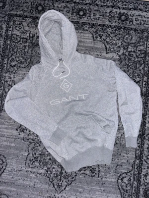 Grå hoodie från GANT - Snygg ljusgrå hoodie från GANT i storlek L, men sitter som M. Tröjan har en stor huva med vit snörning, ribbade muddar och magficka. GANT-loggan är tryckt i vitt framtill. Perfekt för chill dagar och enkel att matcha med jeans eller joggers.
