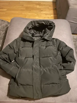 Svart pufferjacka från Canada Goose - Säljer en svart pufferjacka från Canada Goose med huva och diskret logga på ärmen. Jackan har dragkedja framtill och två fickor på sidorna. Perfekt för kalla dagar och riktigt skön att bära. Passar dig som vill ha en stilren och varm jacka.