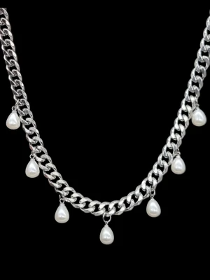 Stilfullt halsband med pärldroppar  - Kedjetjocklek-9mm .Nickelfri. Högkvalitativ rostfritt stål 316 .