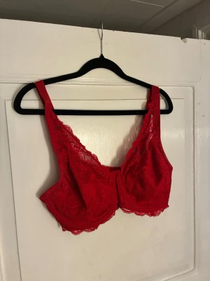 Röd spets-bh från xlnt 85D - Snygg röd bh från xlnt i storlek 85D, täckt med blommig spets och justerbara axelband. Bh:n har hakknäppning bak och mjuka kupor med vacker spetskant. Perfekt för dig som vill ha något extra till underkläderna.