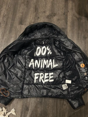 Svart pufferjacka från Save The Duck - Säljer en svart pufferjacka från Save The Duck med huva och två dragkedjeförsedda fickor. Jackan är 100% animal free och har ett snyggt märke på ärmen. Materialet är glansigt syntet och jackan har quiltad design med dragkedja framtill.