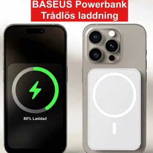 BASEUS Powerbank Trådlös laddning - BASEUS powerbank med trådlös laddning, perfekt för MagSafe-kompatibla iPhones. Slimmad design, enkel att fästa på baksidan av mobilen. Passar utmärkt för laddning på språng. Produkten ser ut att vara i ny oanvänd.  Passar alla mobiler. 