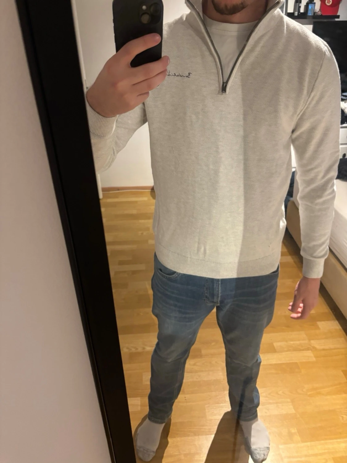 Ljusgrå half zip tröja Bondelid M