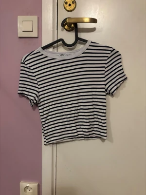 Randig croppad topp från Zara - Säljer en croppad topp från Zara med marinblå och vita ränder. T-shirten har rund halsringning och korta ärmar. Perfekt till jeans eller kjol för en chill look.
