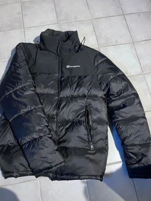Svart pufferjacka från Champion - Säljer en svart pufferjacka från Champion med hög krage och dragkedja framtill. Jackan har broderad logga på bröstet och stor logga på ryggen. Två sidofickor med dragkedja och justerbar dragsko vid kragen. Perfekt för kalla dagar. Men passar också bra till våren. 170.