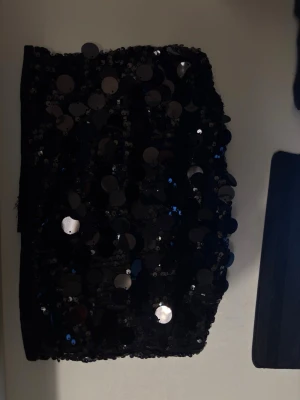 Svart paljett-tubtopp med dragkedja - Säljer en svart tubtopp täckt med stora och små paljetter som ger ett riktigt glittrigt intryck. Toppen är axelbandslös och har en dragkedja bak för enkel på- och avtagning. Perfekt för dig som vill sticka ut och glänsa. ALDRIG ANVÄNT 