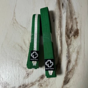 Gröna karate bälten - Bilderna visar två gröna bälten från Budo-Nord, inte skor. Ett bälte har en vit rand och är 240 cm långt, det andra är helgrönt och 300 cm långt. Materialet är bomull och polyester.