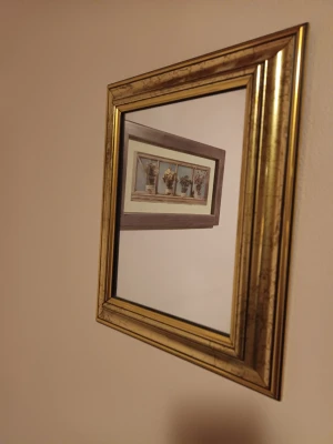 Rektangulär spegel med guldram - Snygg spegel med rektangulär form och ram i guldtonad metall. Perfekt som dekoration på väggen. Fint skick.