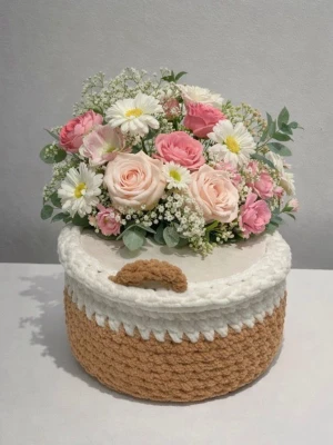 Rund virkad förvaringskorg beige/vit - Säljer en rund handgjord väska i beige och vitt med lock och handtag. Väskan är virkad i tjockt garn och har en stabil form, perfekt för dig som gillar unika accessoarer. Passar till att bära småsaker eller som statement piece.