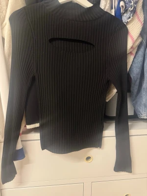Svart ribbad långärmad topp - Svart ribbad topp med lång ärm och hög hals. Snygg cut-out detalj framtill som ger en cool touch. Perfekt att styla med jeans eller kjol för en trendig look.