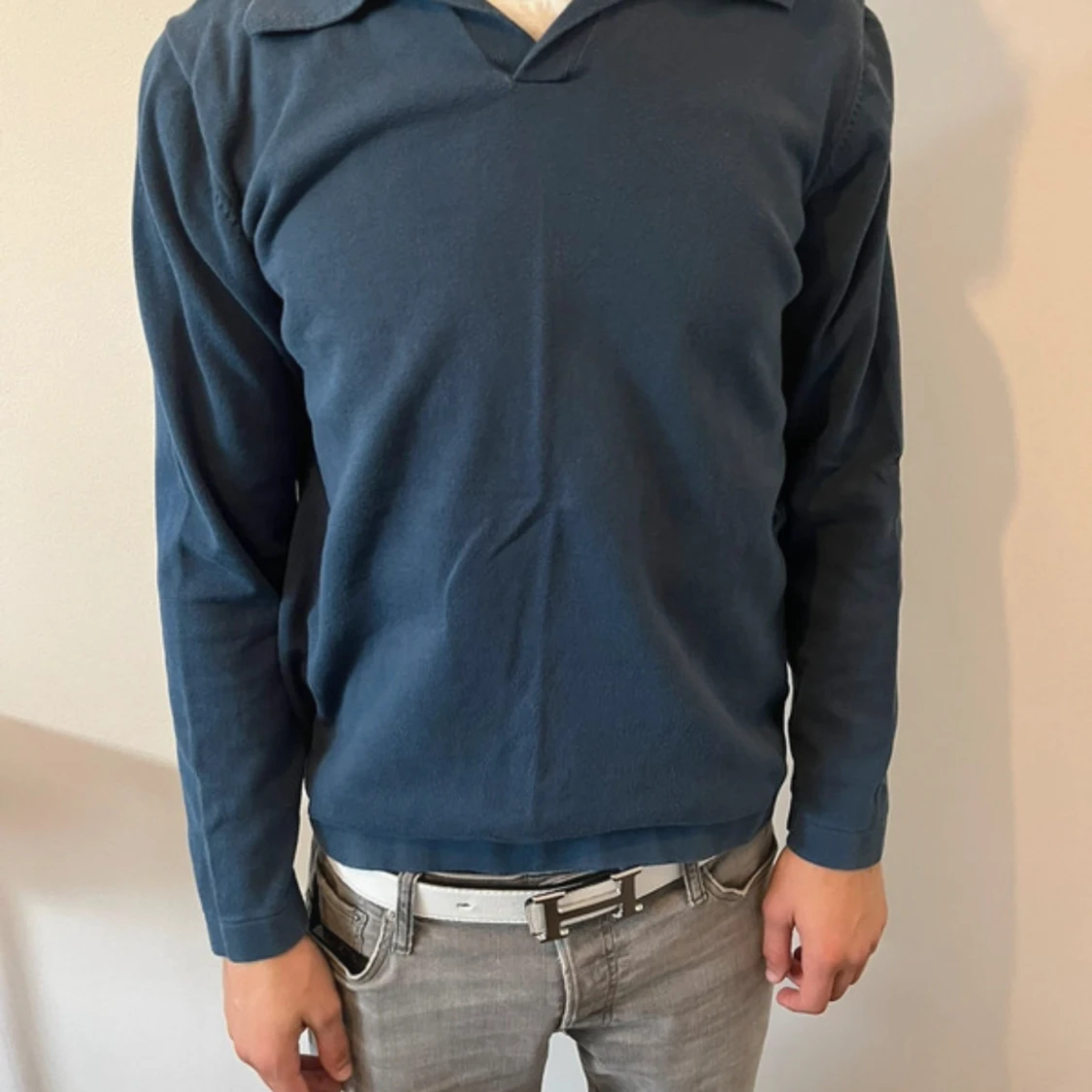 Mörkblå långärmad pikétröja - 1