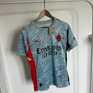 AC Milan 25/26 Puma fotbollströja M - AC Milan fotbollströja från Puma i ljusblått med abstrakt mönster, röda och svarta detaljer samt klubbmärke på bröstet. Kortärmad modell med rund hals och tryckta loggor. Materialet är lätt och andas, perfekt för match eller träning.