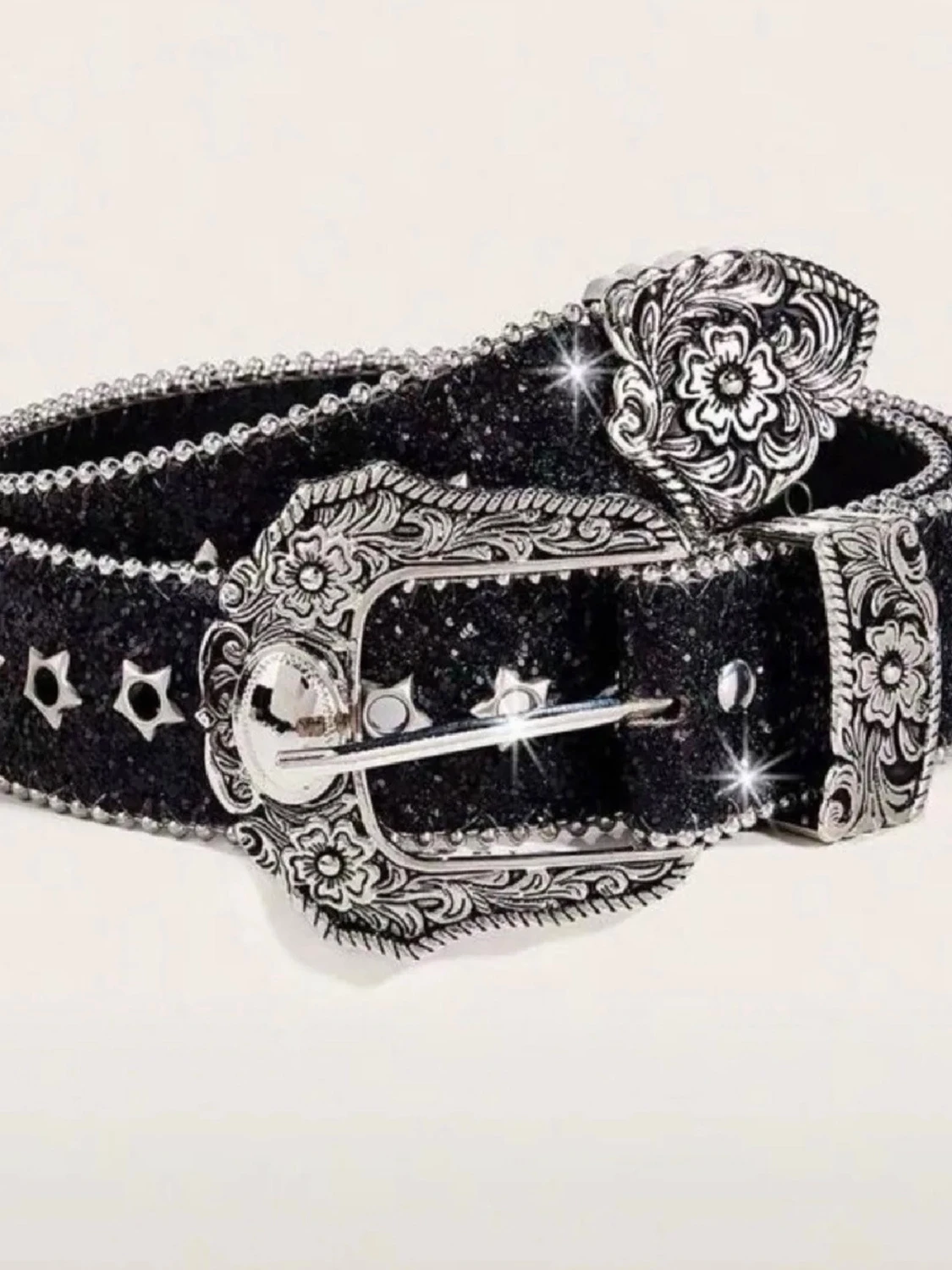 Svart glittrig cowboybälte med stjärnor - 1