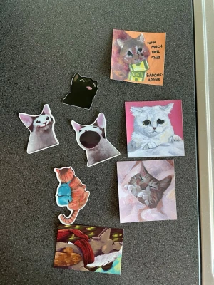 Meme katter klistermärken  - olika stickers och illustrationer av katter i olika färger och stilar, de större bilderna är bilder och de mindre är klistermärken.