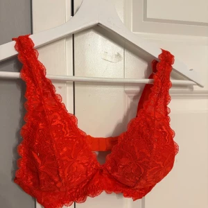 Röd spetsig linnetopp från Gina Tricot - Säljer en röd linnetopp/BH från Gina Tricot i storlek S. Toppen har spetsdetaljer med blommigt mönster och justerbara axelband. Den är v-ringad och har hakknäppning bak. Perfekt för dig som gillar färgstarka och feminina plagg.
