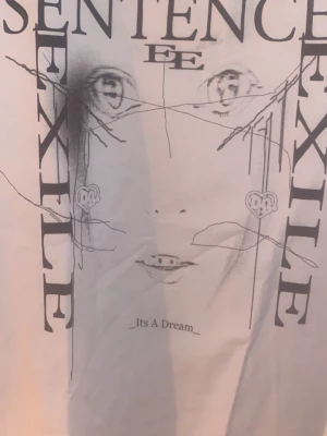 Vit grafisk t-shirt Bladee Sentence - Säljer en vit t-shirt från Bladee Drain med stor grafisk print på framsidan med texten 'TRIAL SENTENCE EXILE' och ett konstnärligt ansikte. Baksidan har tryck med 'OFFICIAL DRAIN'. Klassisk passform och rund hals, tillverkad i mjuk bomull. Stor i storlek