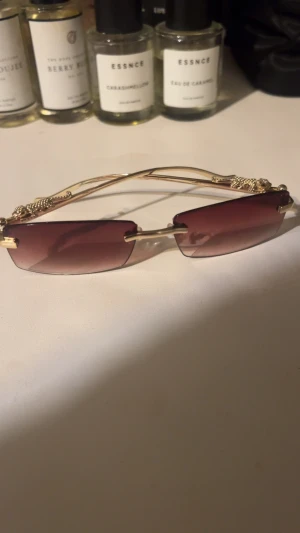 Guldiga solglasögon med leoparddetalj - Snygga solglasögon med guldiga bågar och rektangulära, bruna glas. På sidorna finns en cool leoparddetalj i metall som ger en unik och trendig look. Perfekta för dig som vill sticka ut och addera lite edge till din stil. Köpt förra året för 399kr ej använt.