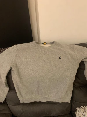 Grå sweatshirt från Polo Ralph Lauren XL - Snygg grå sweatshirt från Polo Ralph Lauren i storlek 170. Klassisk rund hals och långärmad modell med den ikoniska lilla marinblå Polo-loggan broderad på bröstet. Mjuk och skön bomullsmix som passar perfekt för chill dagar. Enkel och stilren design.